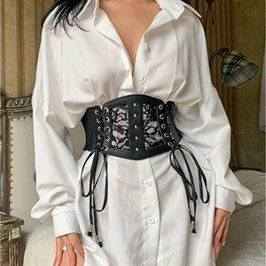 Black Faux Leather Floral Lace Corset Lace Up Elastic Waistband Belt Girdle
